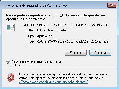 Ventana de aviso al abrir el instalador en Windows 7/Server 2008