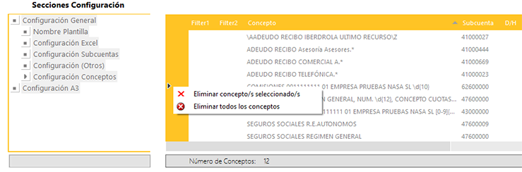 Configuraión Eliminación de Conceptos